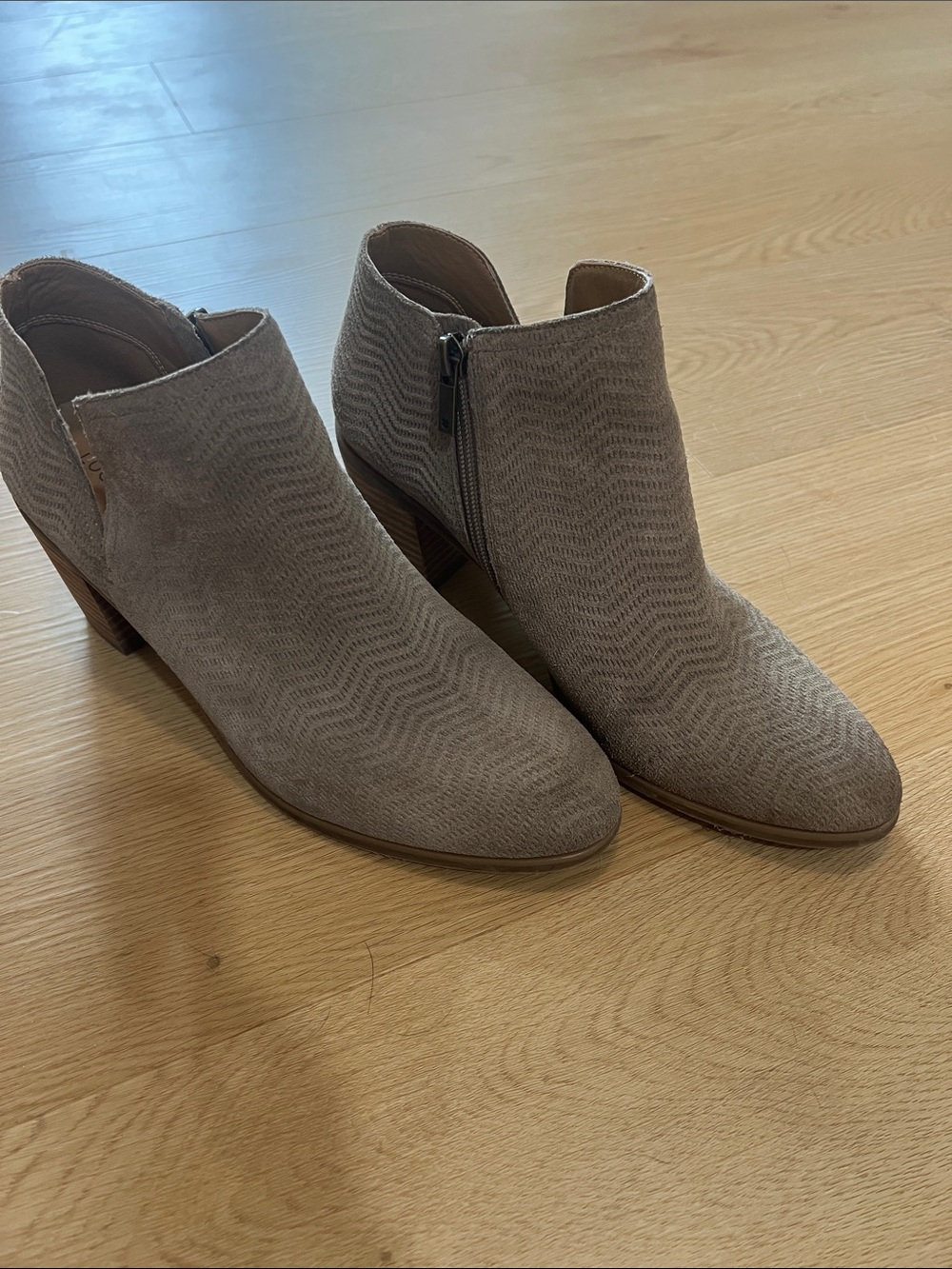 Lucky Brand Taupe Suede Chevron Ankle Booties with Side Zip